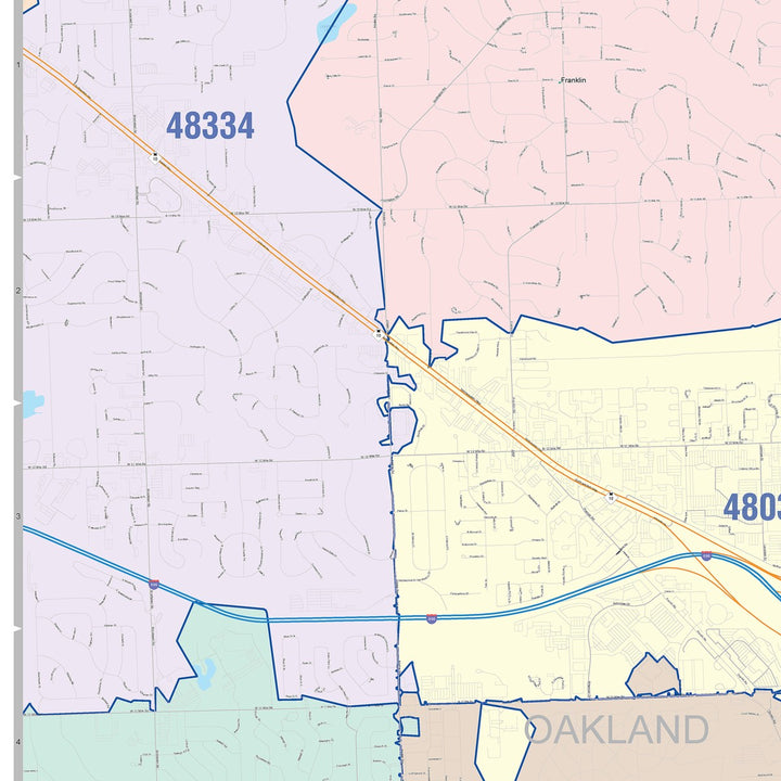 Color Cast Zip Code Style Wall Map of Southfield, MI