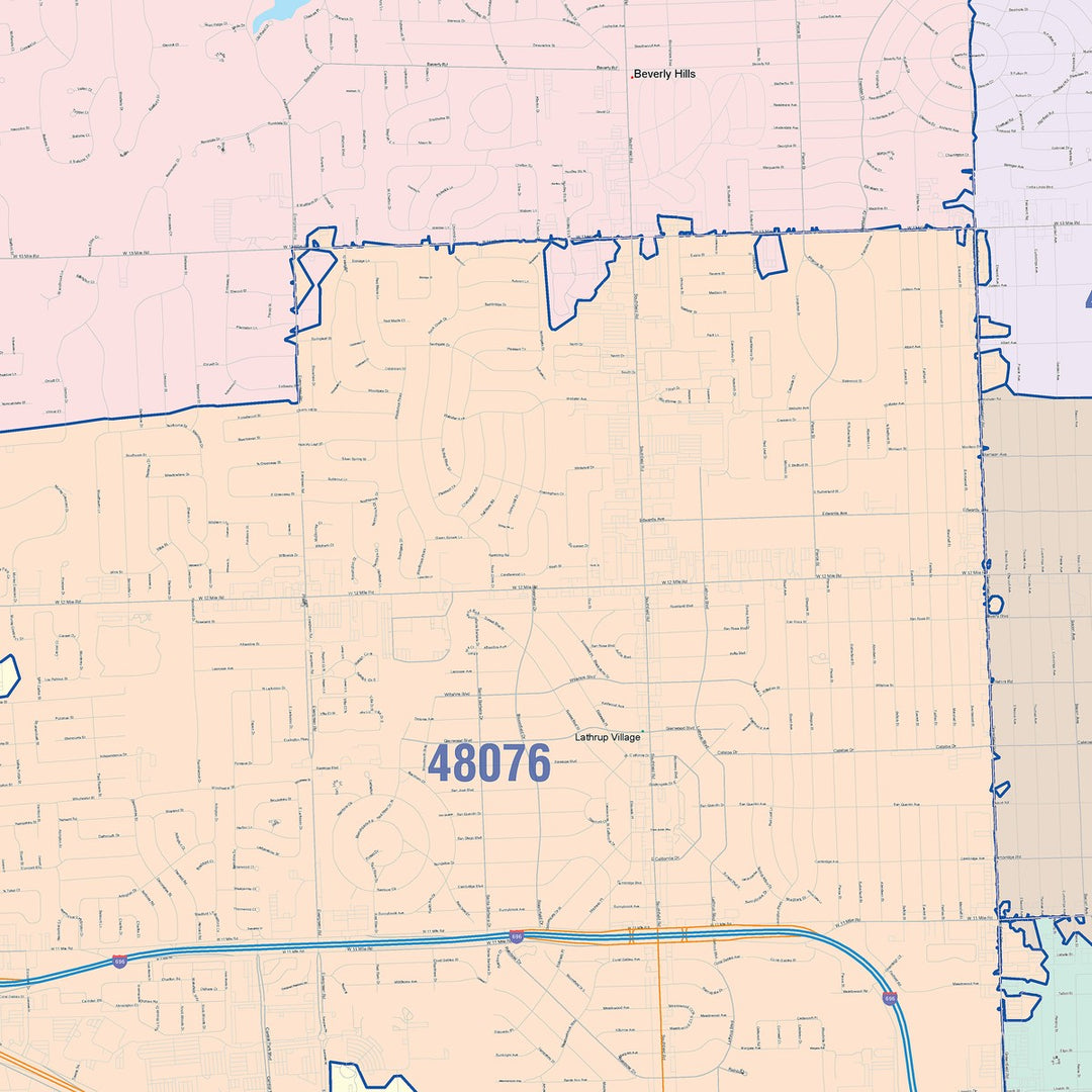 Color Cast Zip Code Style Wall Map of Southfield, MI