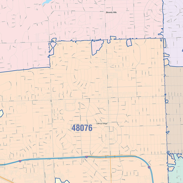 Color Cast Zip Code Style Wall Map of Southfield, MI