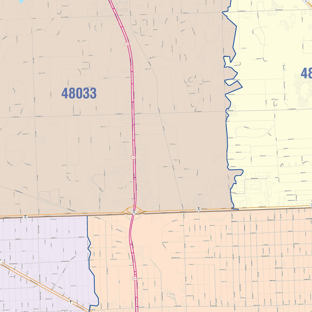 Color Cast Zip Code Style Wall Map of Southfield, MI