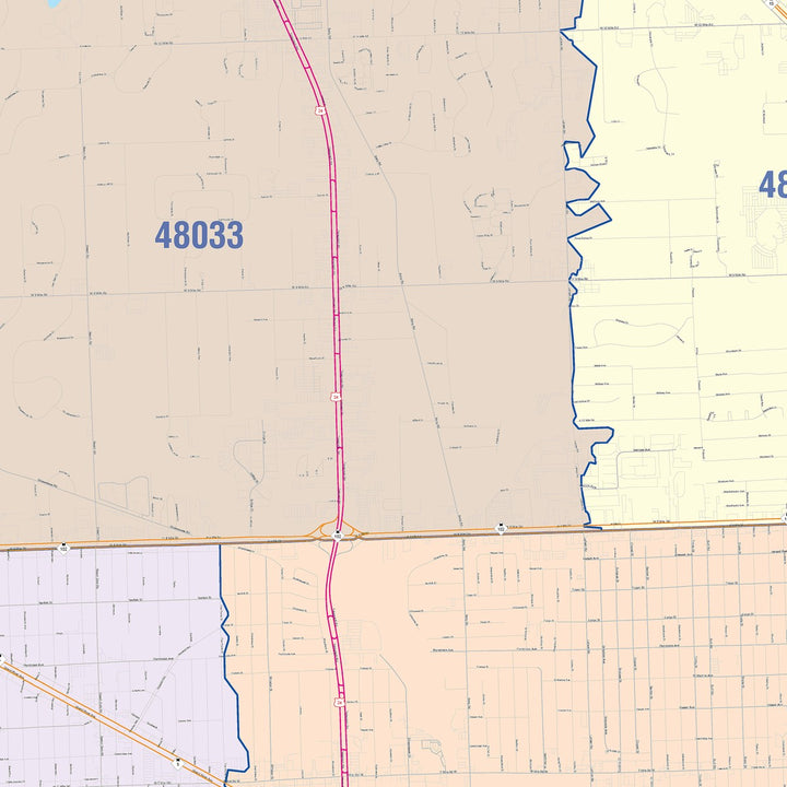 Color Cast Zip Code Style Wall Map of Southfield, MI
