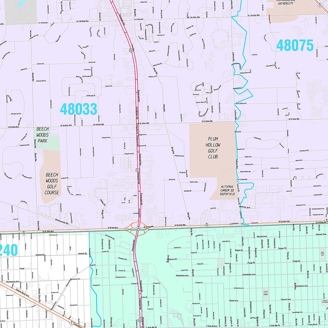 Premium Style Wall Map of Southfield, MI