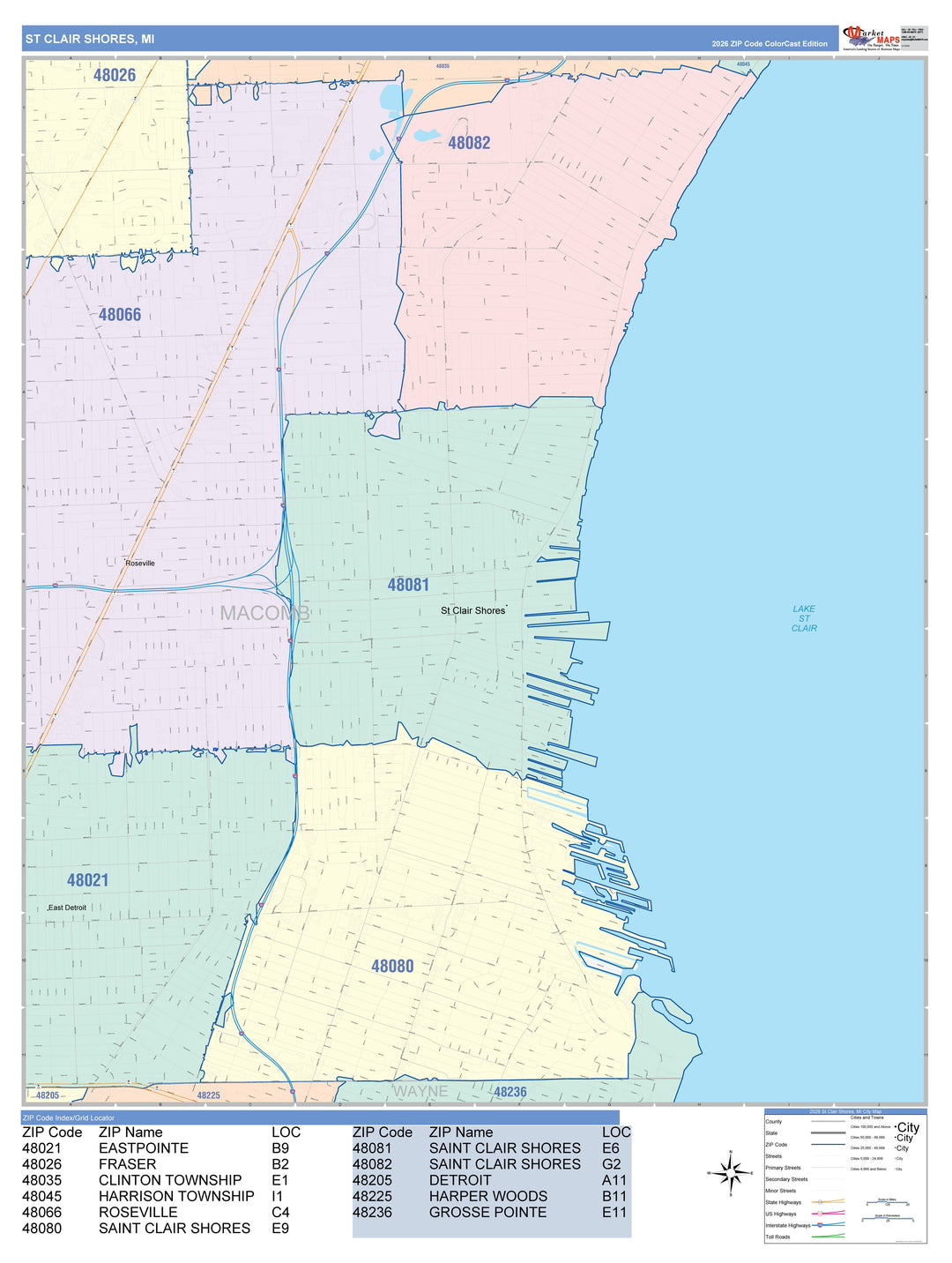 Color Cast Zip Code Style Wall Map of St. Clair Shores, MI