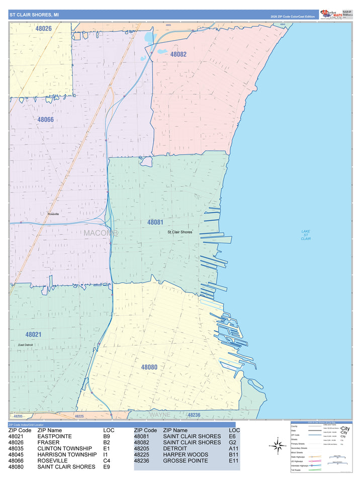 Color Cast Zip Code Style Wall Map of St. Clair Shores, MI