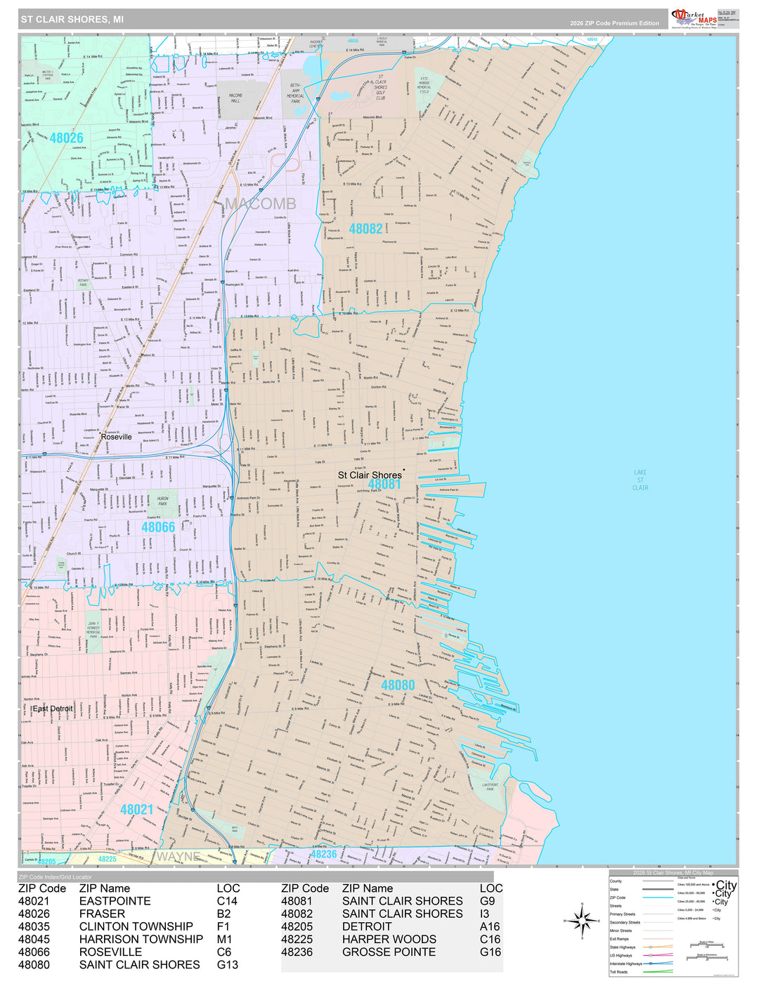 Premium Style Wall Map of St. Clair Shores, MI