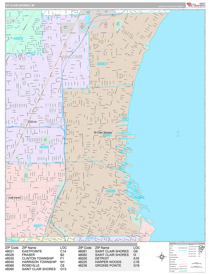 Premium Style Wall Map of St. Clair Shores, MI