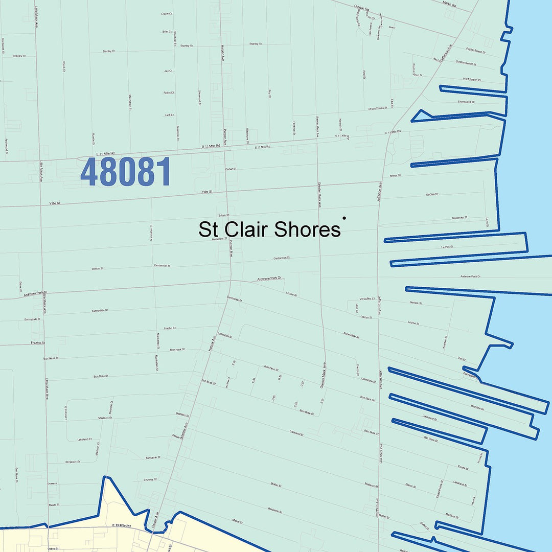 Color Cast Zip Code Style Wall Map of St. Clair Shores, MI