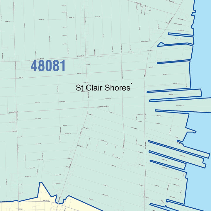 Color Cast Zip Code Style Wall Map of St. Clair Shores, MI