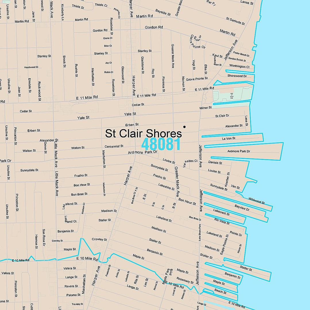 Premium Style Wall Map of St. Clair Shores, MI