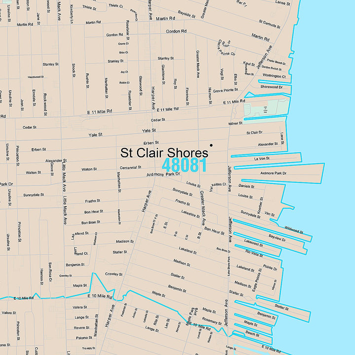 Premium Style Wall Map of St. Clair Shores, MI