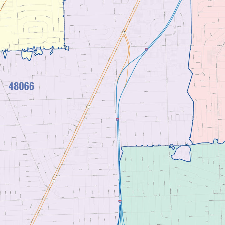 Color Cast Zip Code Style Wall Map of St. Clair Shores, MI