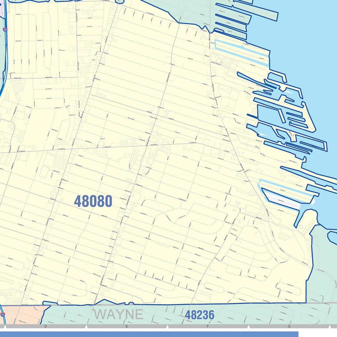Color Cast Zip Code Style Wall Map of St. Clair Shores, MI