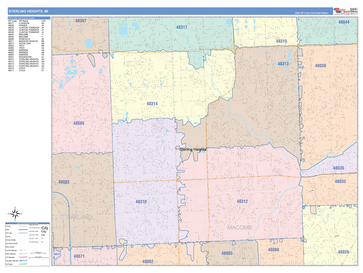 Color Cast Zip Code Style Wall Map of Sterling Heights, MI