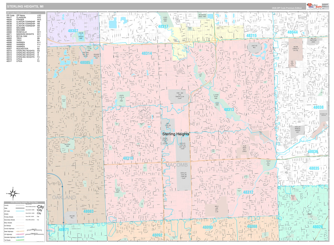 Premium Style Wall Map of Sterling Heights, MI