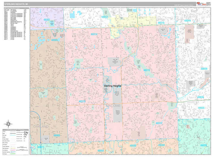Premium Style Wall Map of Sterling Heights, MI