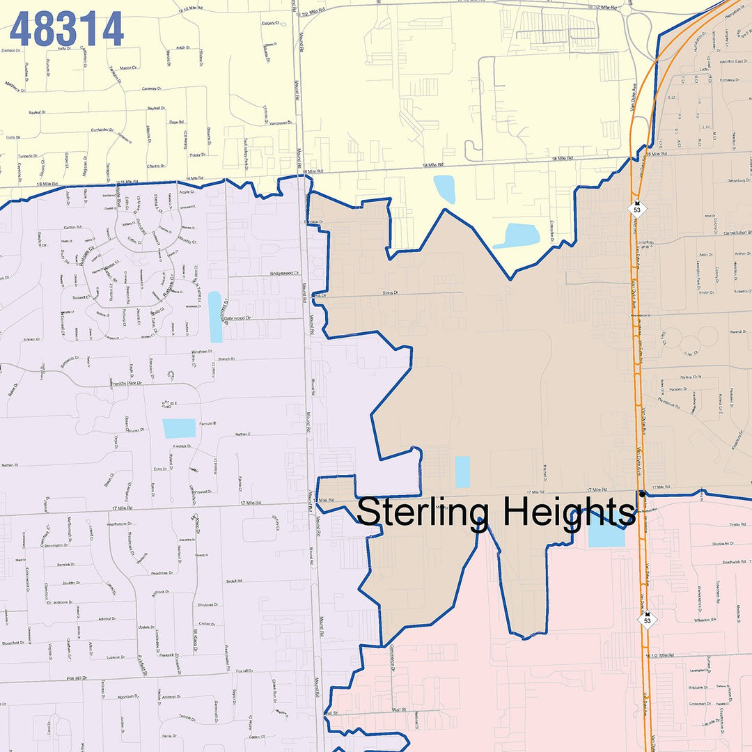 Color Cast Zip Code Style Wall Map of Sterling Heights, MI