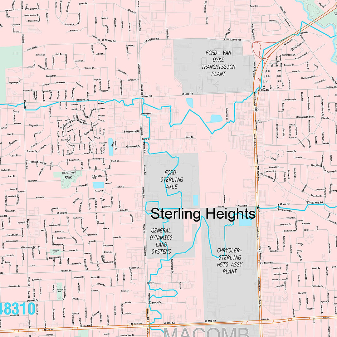 Premium Style Wall Map of Sterling Heights, MI