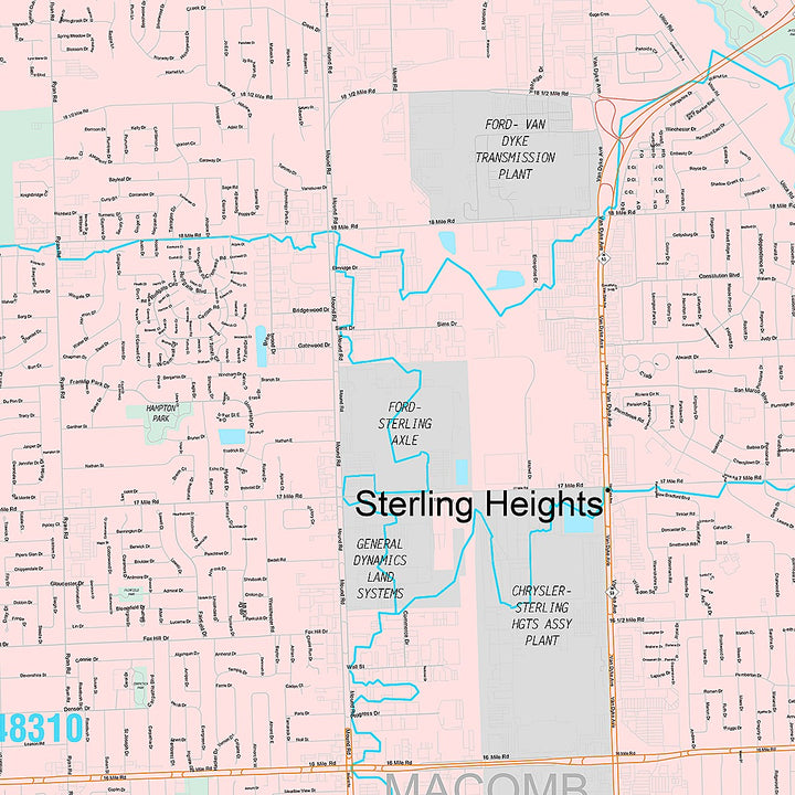 Premium Style Wall Map of Sterling Heights, MI