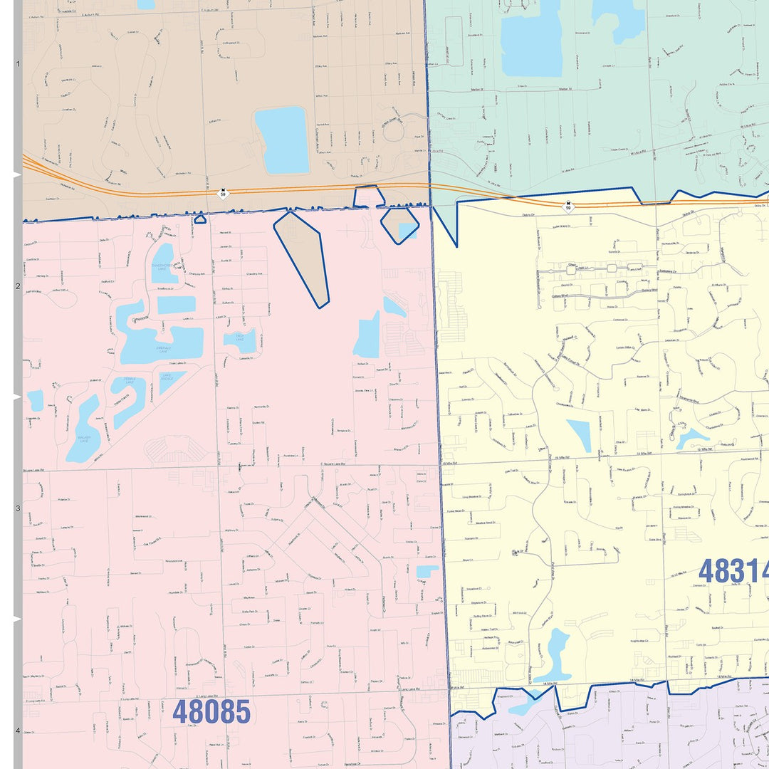 Color Cast Zip Code Style Wall Map of Sterling Heights, MI