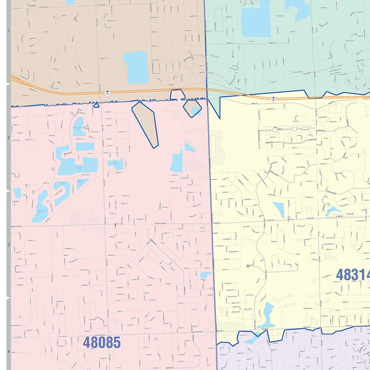 Color Cast Zip Code Style Wall Map of Sterling Heights, MI