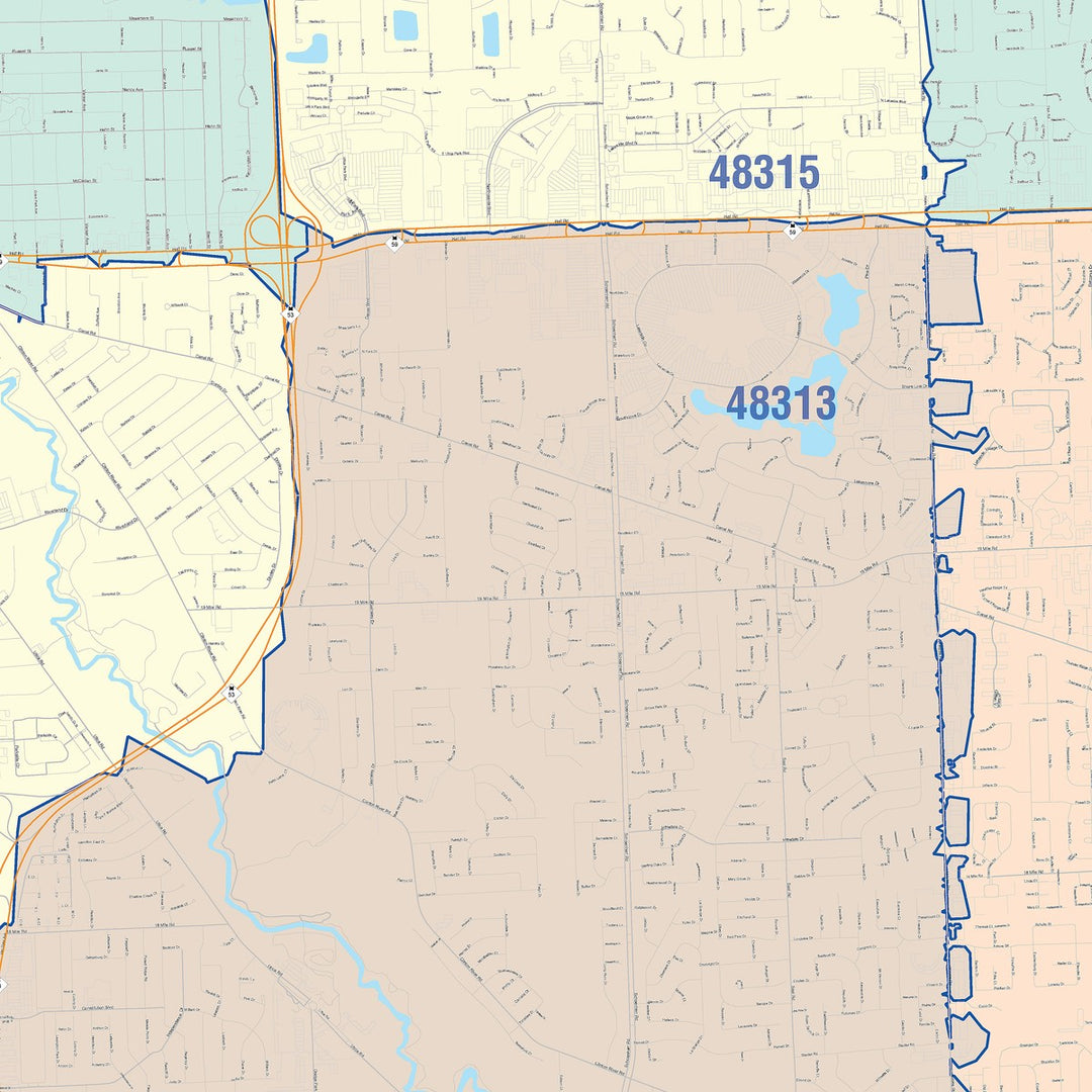 Color Cast Zip Code Style Wall Map of Sterling Heights, MI
