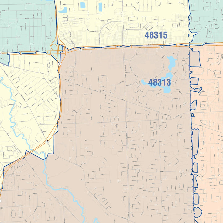Color Cast Zip Code Style Wall Map of Sterling Heights, MI