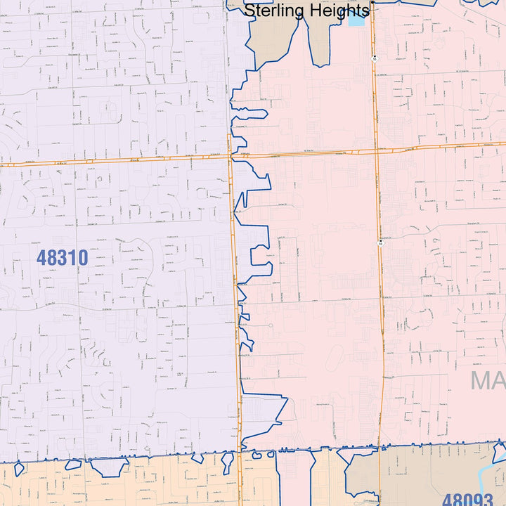 Color Cast Zip Code Style Wall Map of Sterling Heights, MI