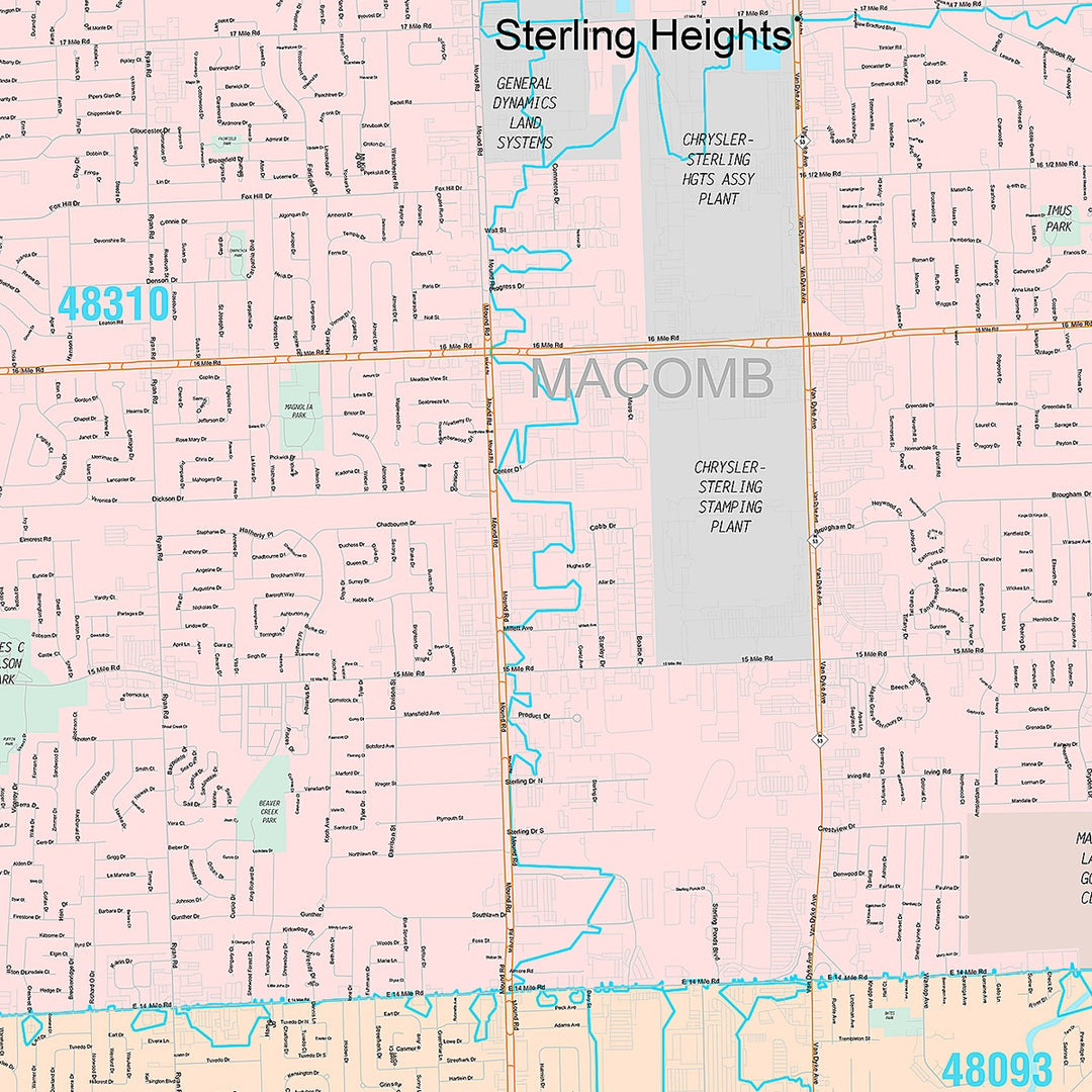 Premium Style Wall Map of Sterling Heights, MI