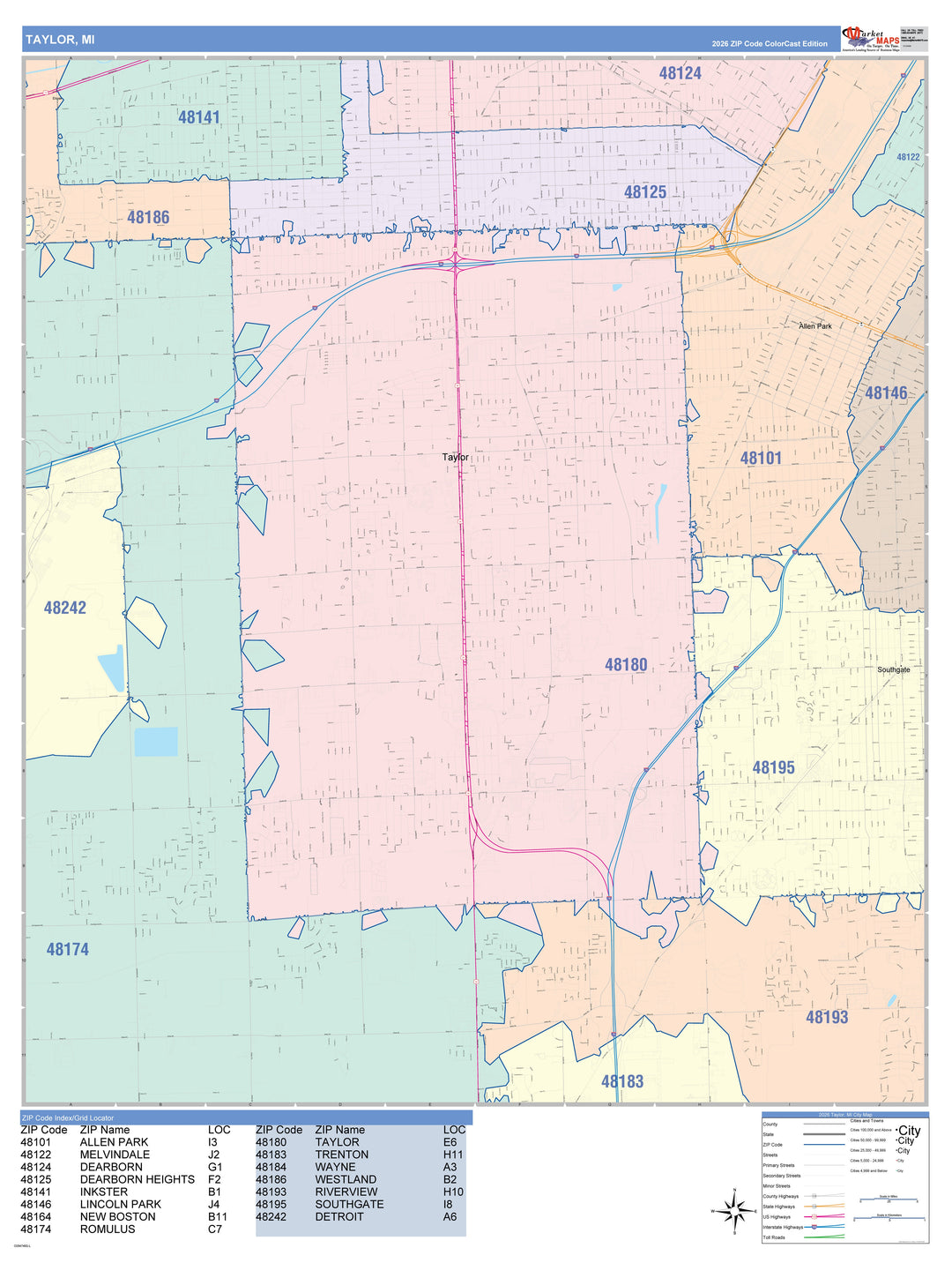 Color Cast Zip Code Style Wall Map of Taylor, MI