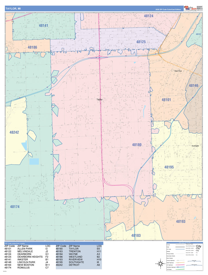 Color Cast Zip Code Style Wall Map of Taylor, MI