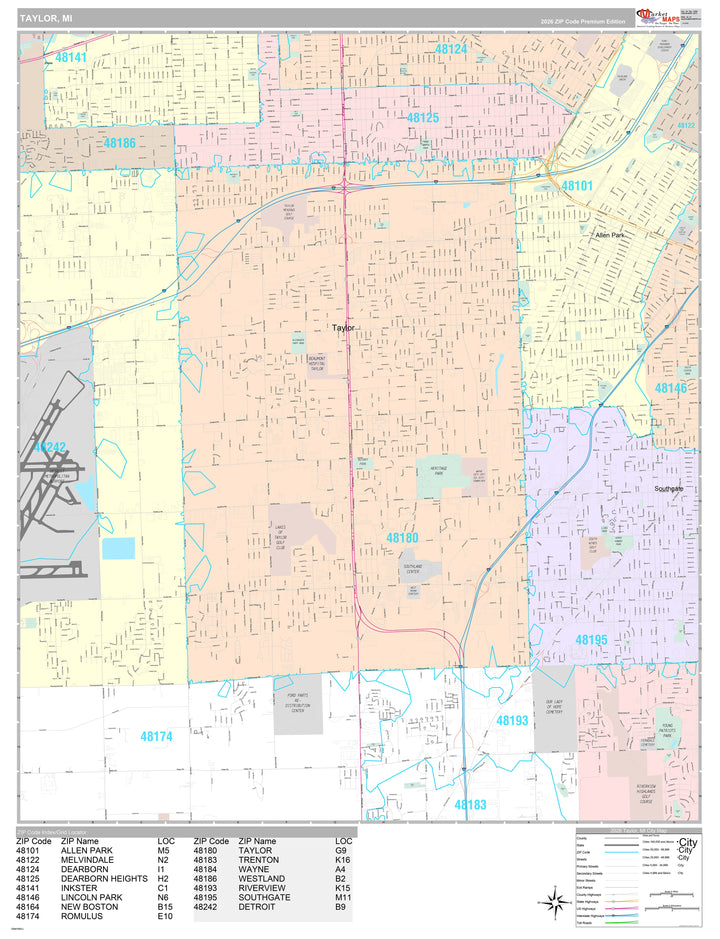 Premium Style Wall Map of Taylor, MI