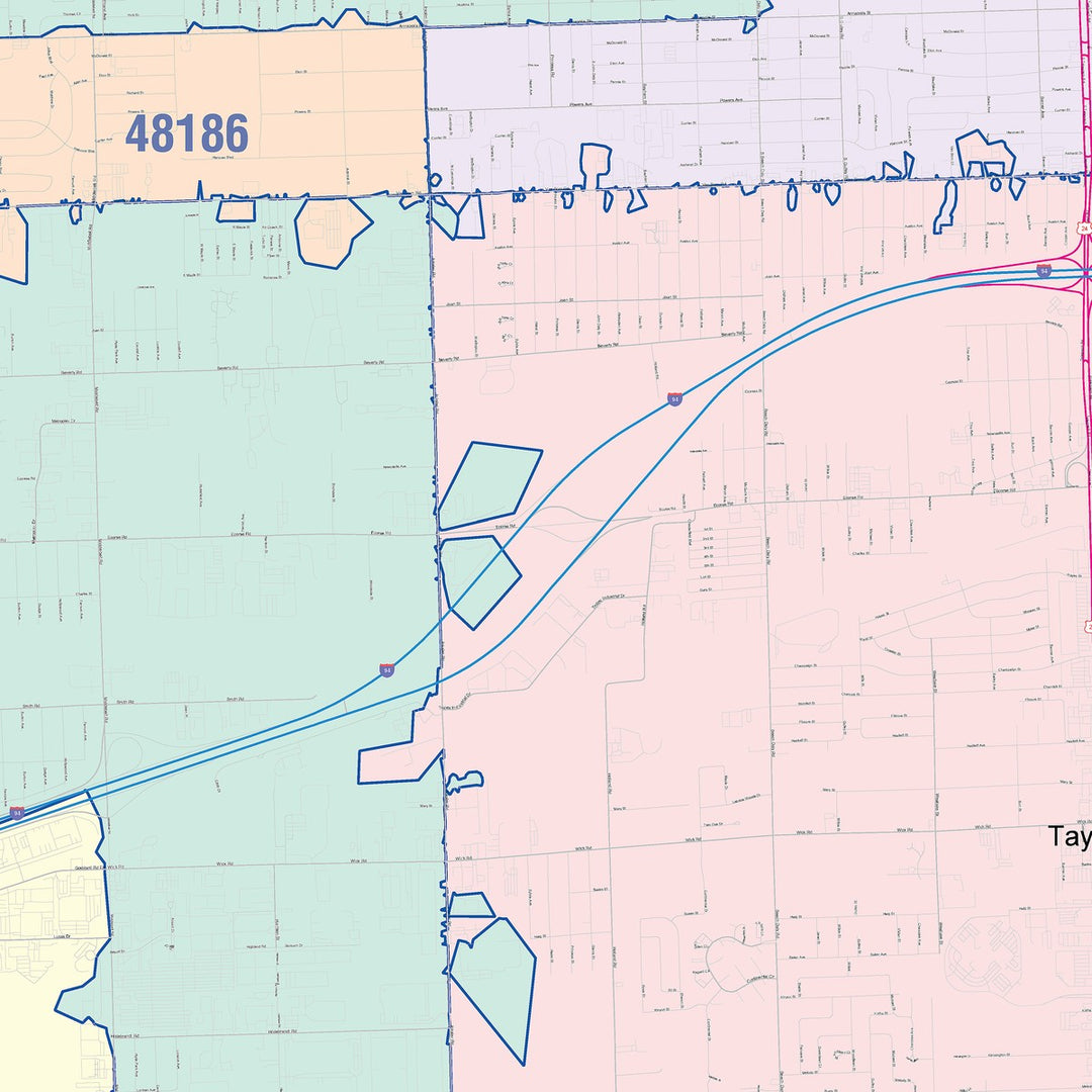 Color Cast Zip Code Style Wall Map of Taylor, MI