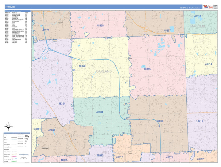 Color Cast Zip Code Style Wall Map of Troy, MI