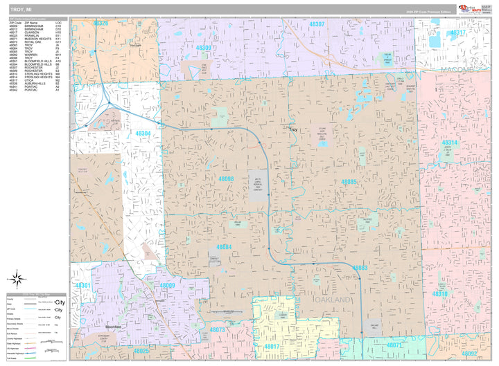Premium Style Wall Map of Troy, MI