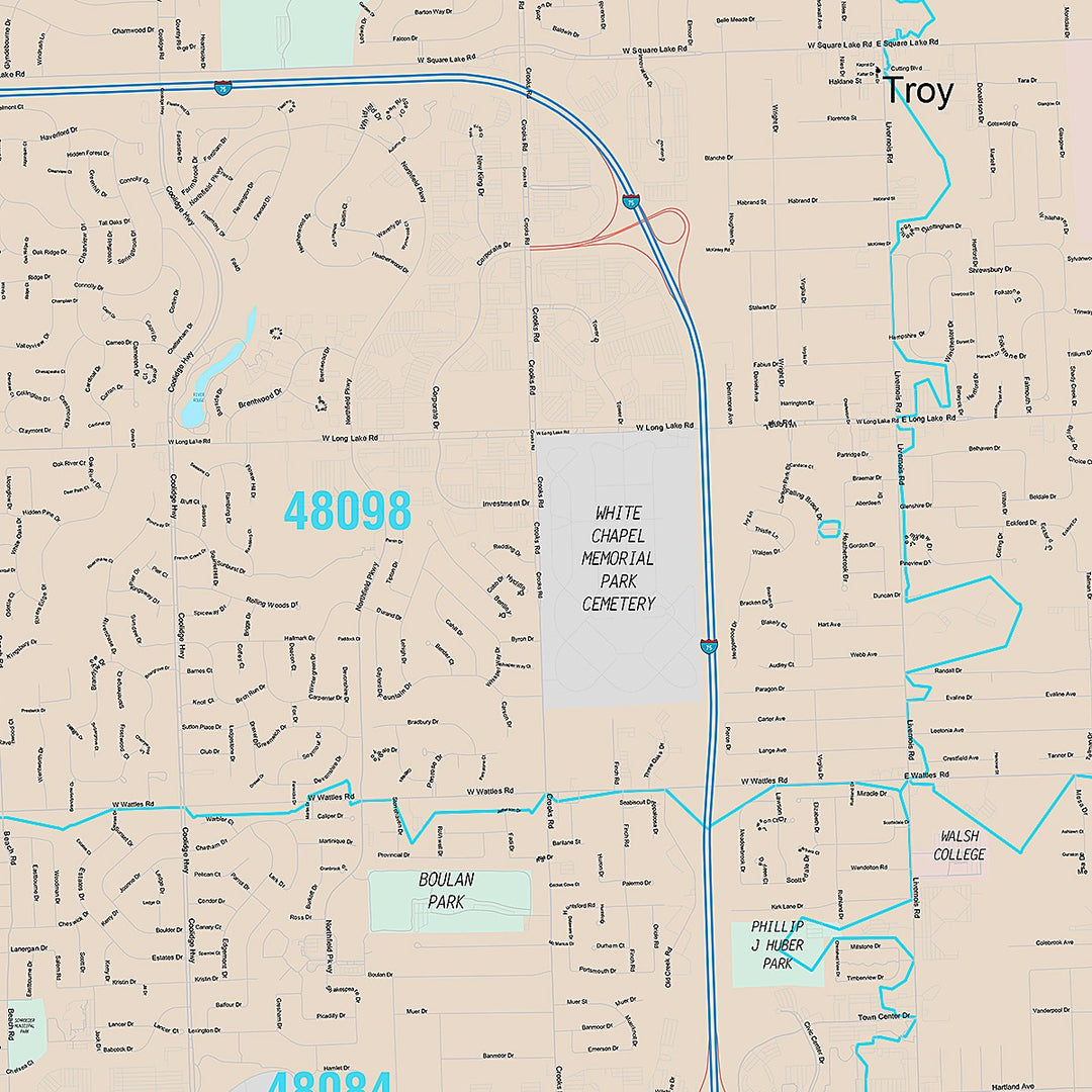 Premium Style Wall Map of Troy, MI