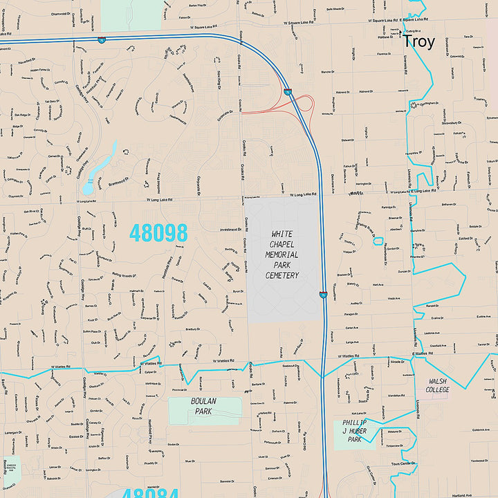 Premium Style Wall Map of Troy, MI
