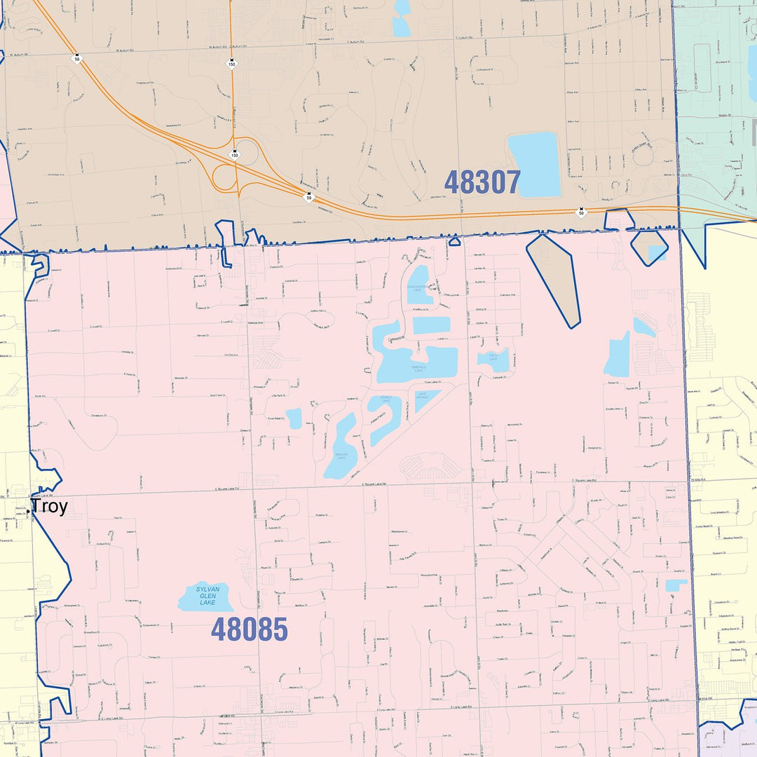 Color Cast Zip Code Style Wall Map of Troy, MI