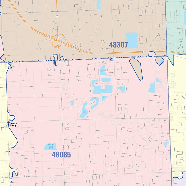 Color Cast Zip Code Style Wall Map of Troy, MI