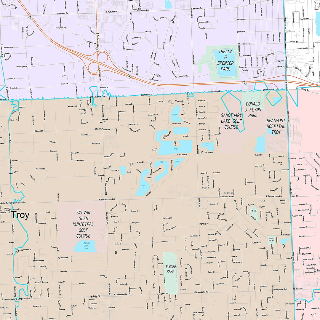 Premium Style Wall Map of Troy, MI