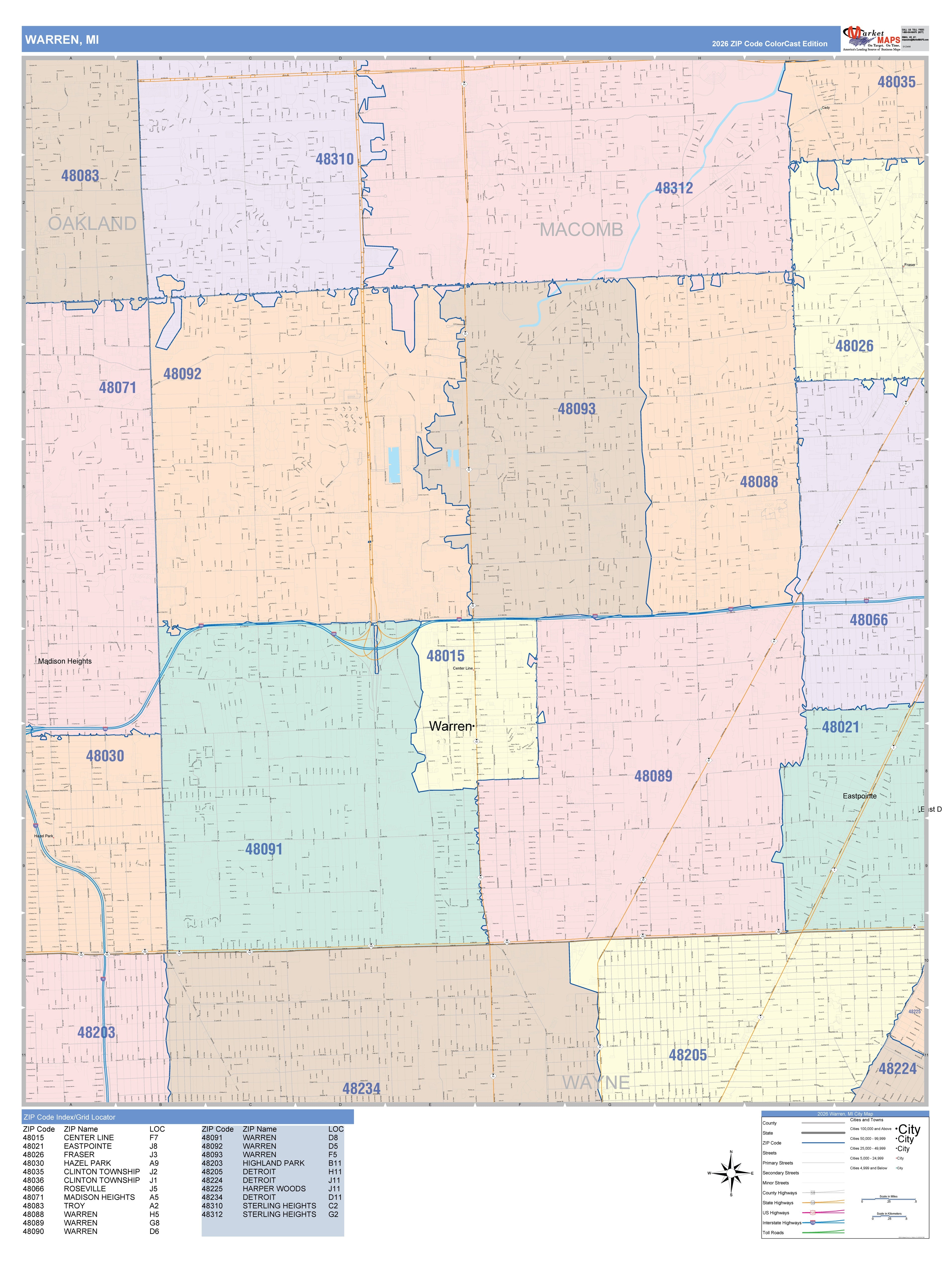 Color Cast Zip Code Style Wall Map of Warren, MI – American Map Store