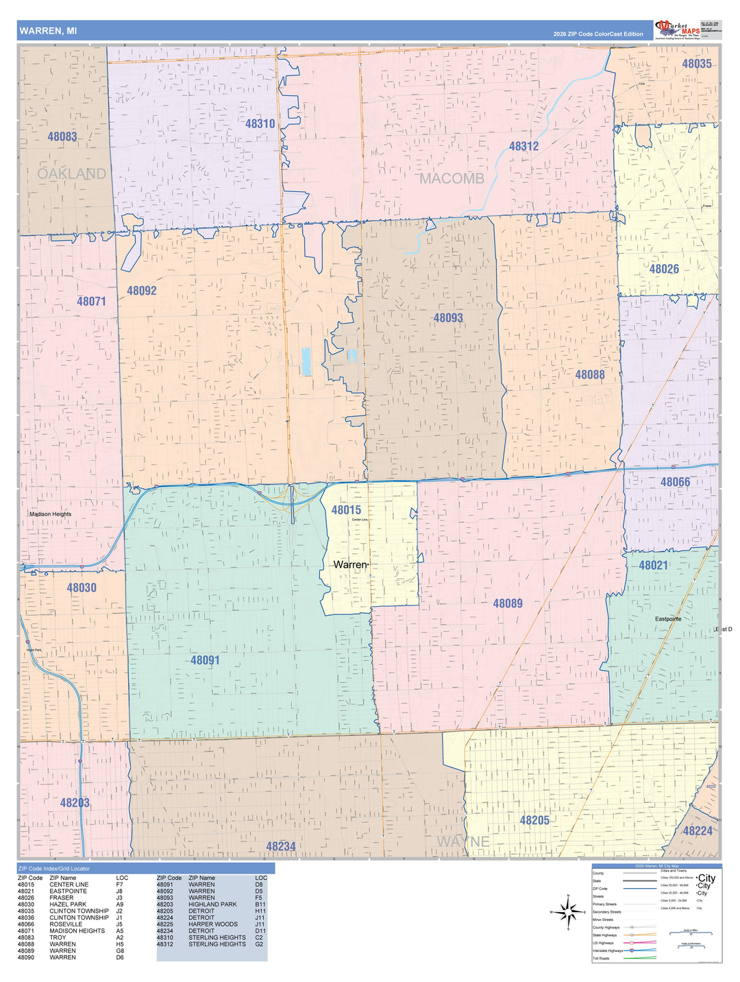 Color Cast Zip Code Style Wall Map of Warren, MI