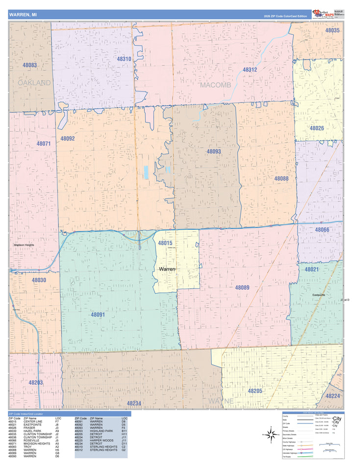 Color Cast Zip Code Style Wall Map of Warren, MI