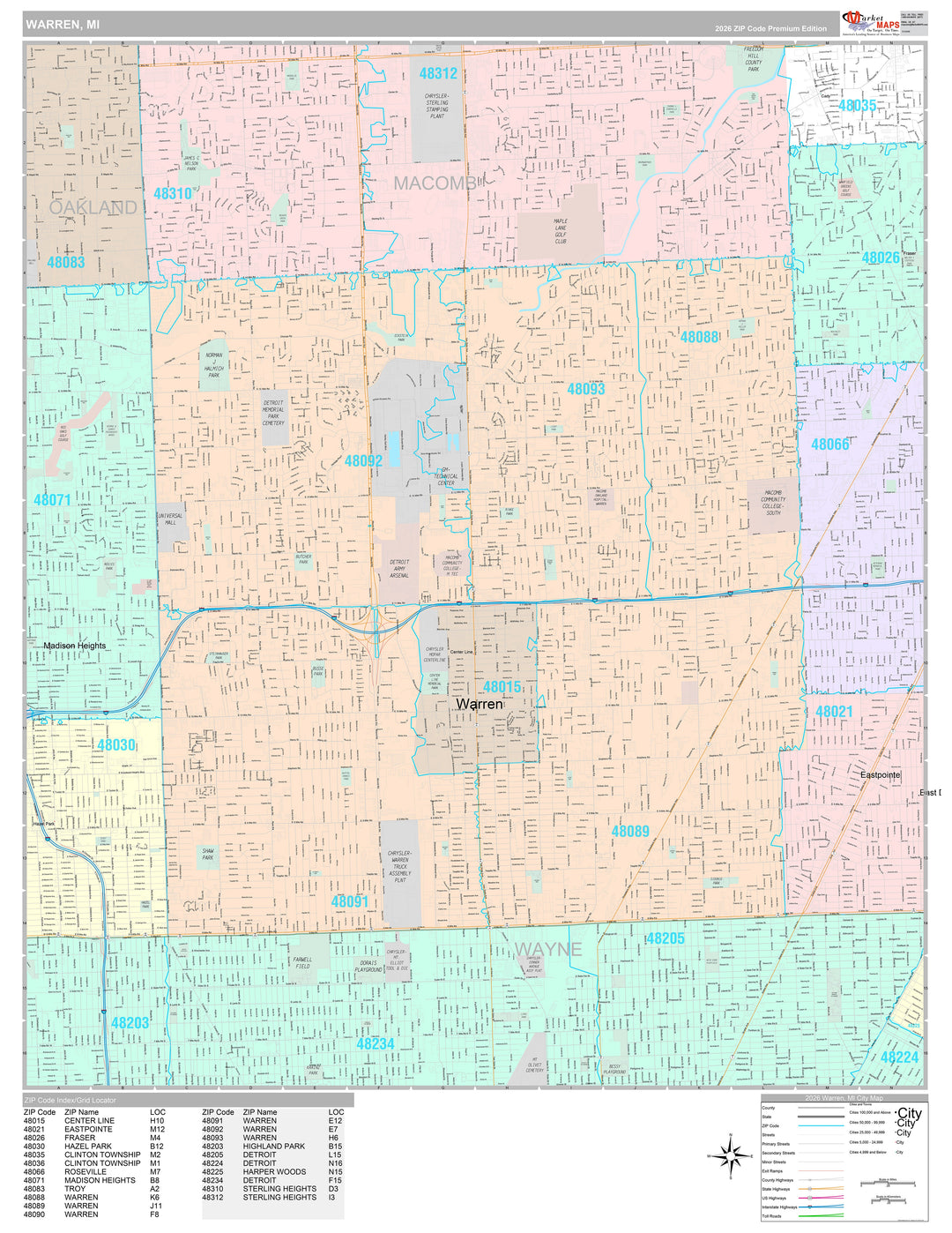 Premium Style Wall Map of Warren, MI