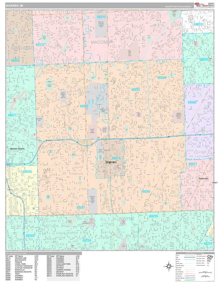Premium Style Wall Map of Warren, MI