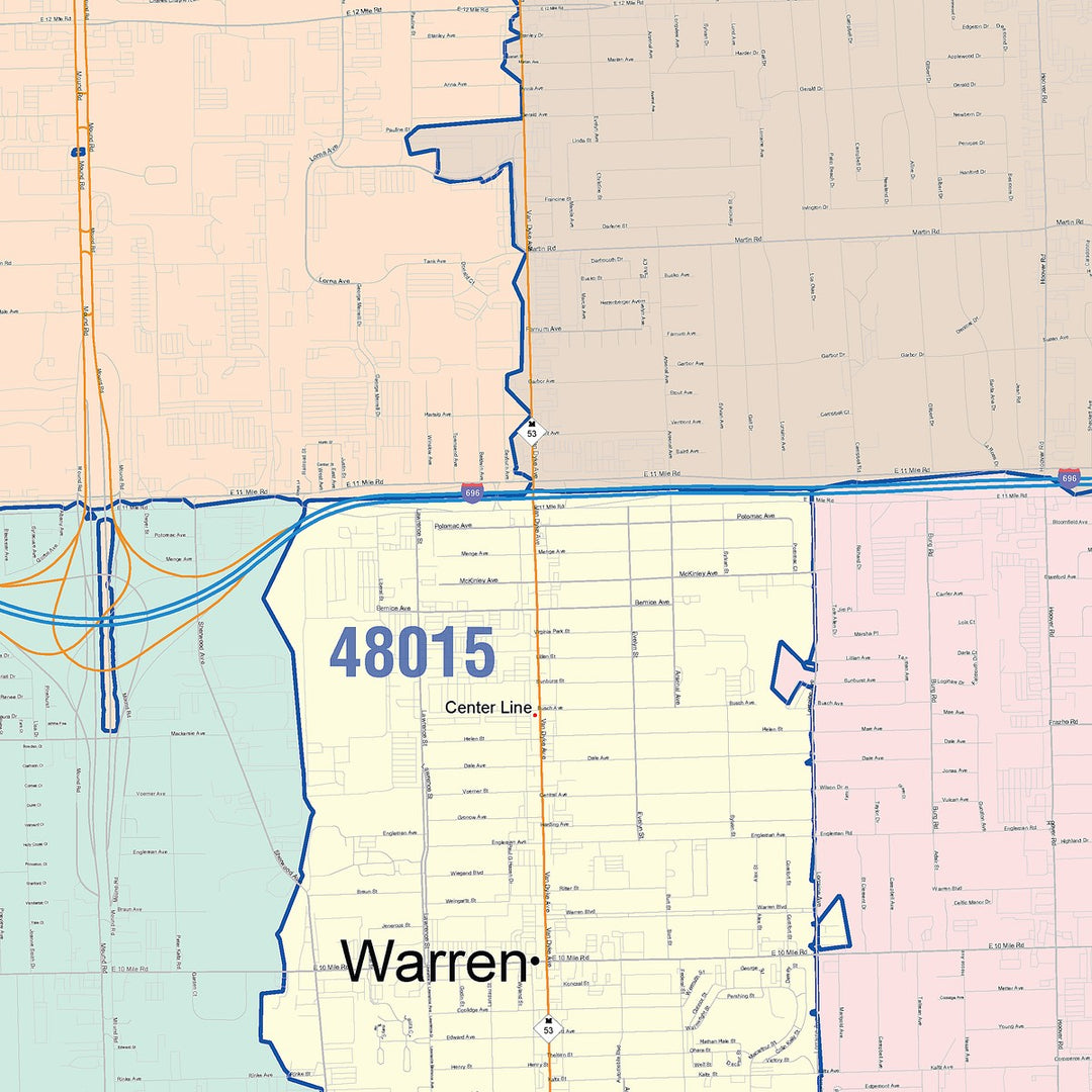 Color Cast Zip Code Style Wall Map of Warren, MI