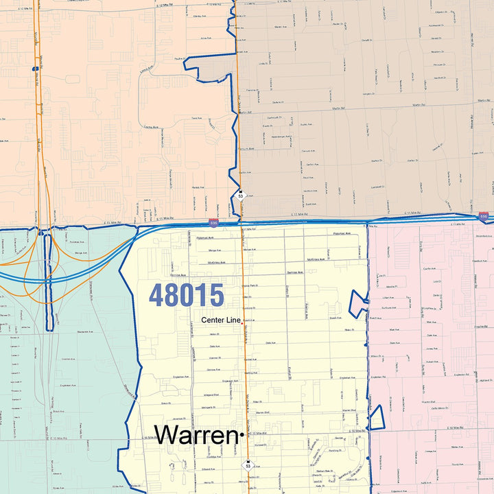 Color Cast Zip Code Style Wall Map of Warren, MI