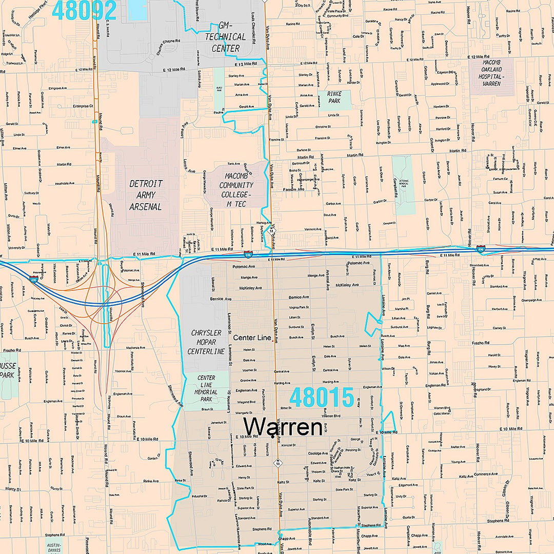 Premium Style Wall Map of Warren, MI