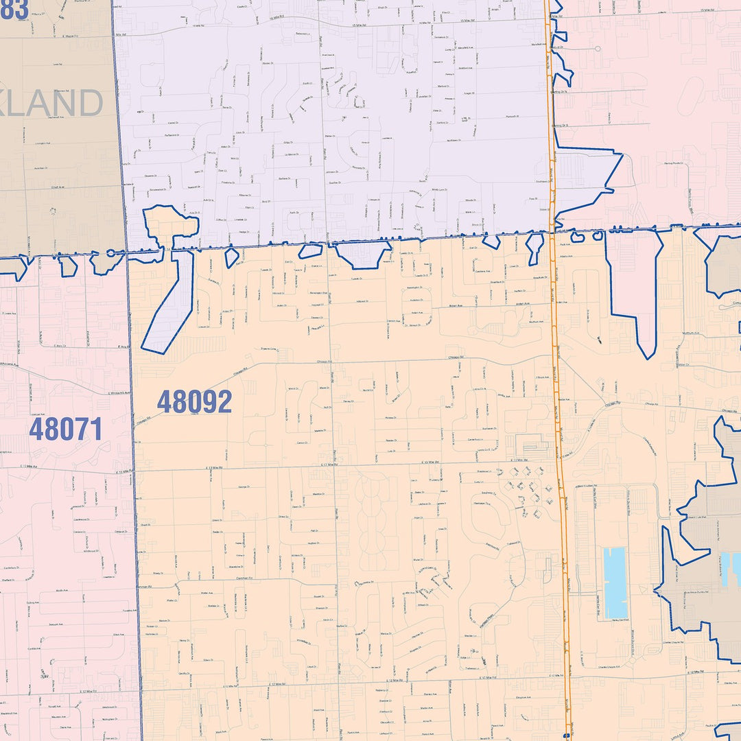 Color Cast Zip Code Style Wall Map of Warren, MI