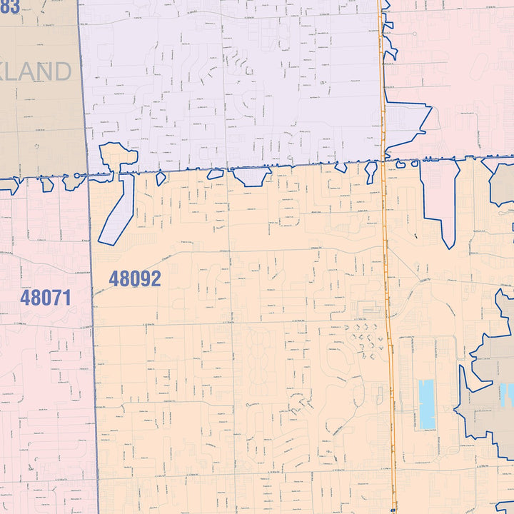 Color Cast Zip Code Style Wall Map of Warren, MI