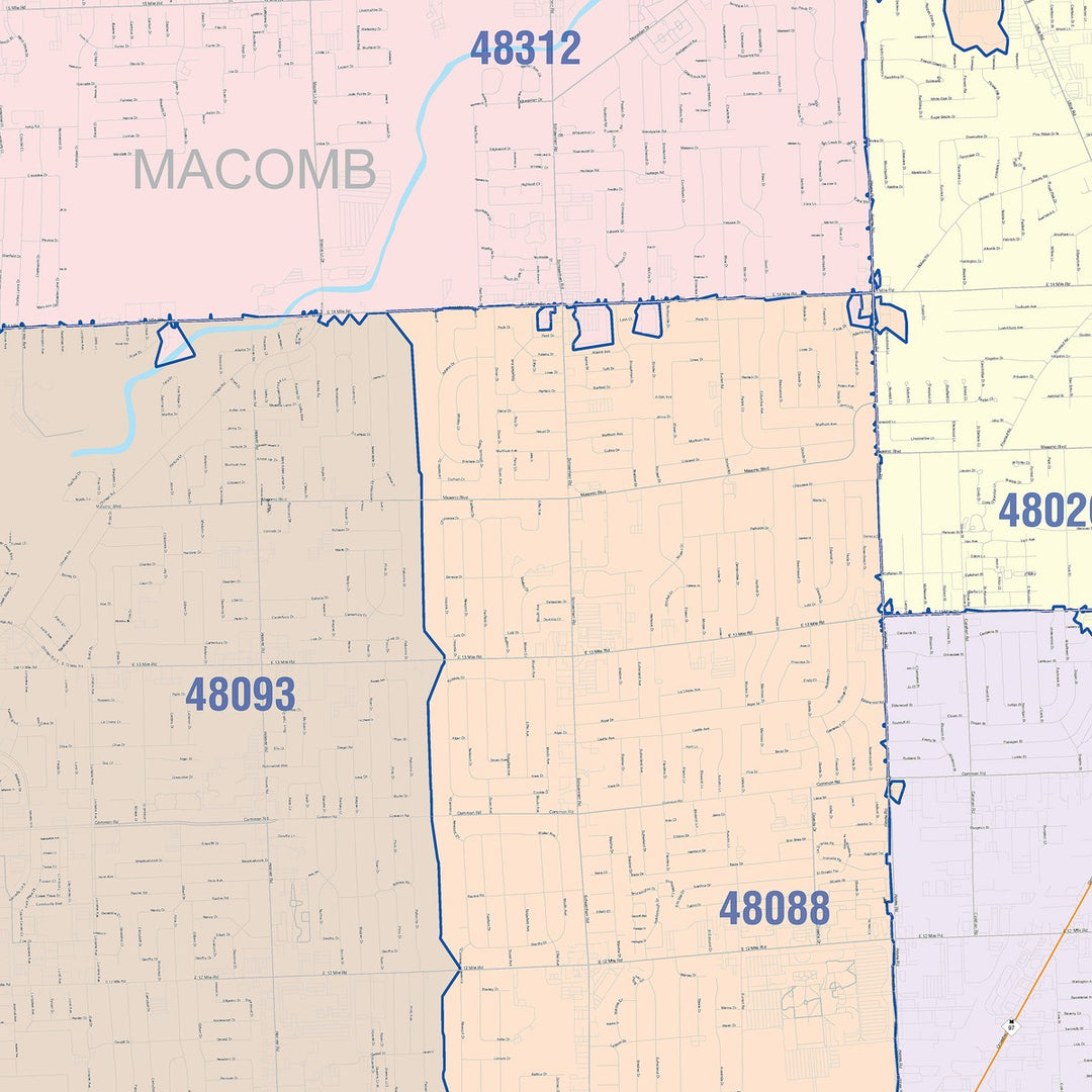 Color Cast Zip Code Style Wall Map of Warren, MI